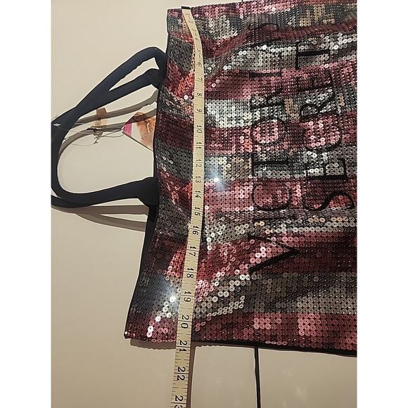 VICTORIAS SECRET PINK LG pink silver glittery tote bag double handles w/logo NWT - Picture 2 of 5